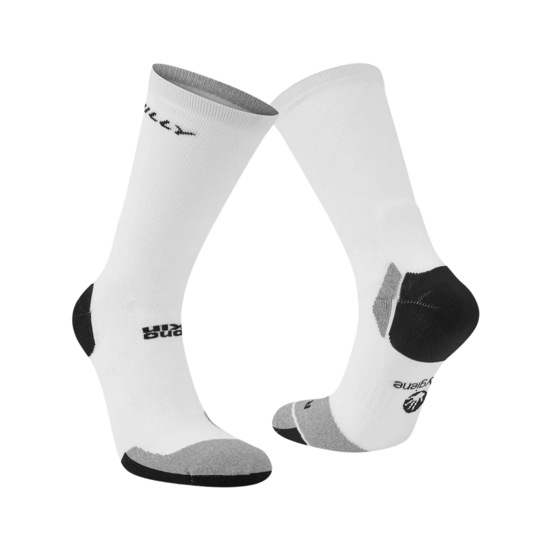 White socks with black and gray accents on a white background