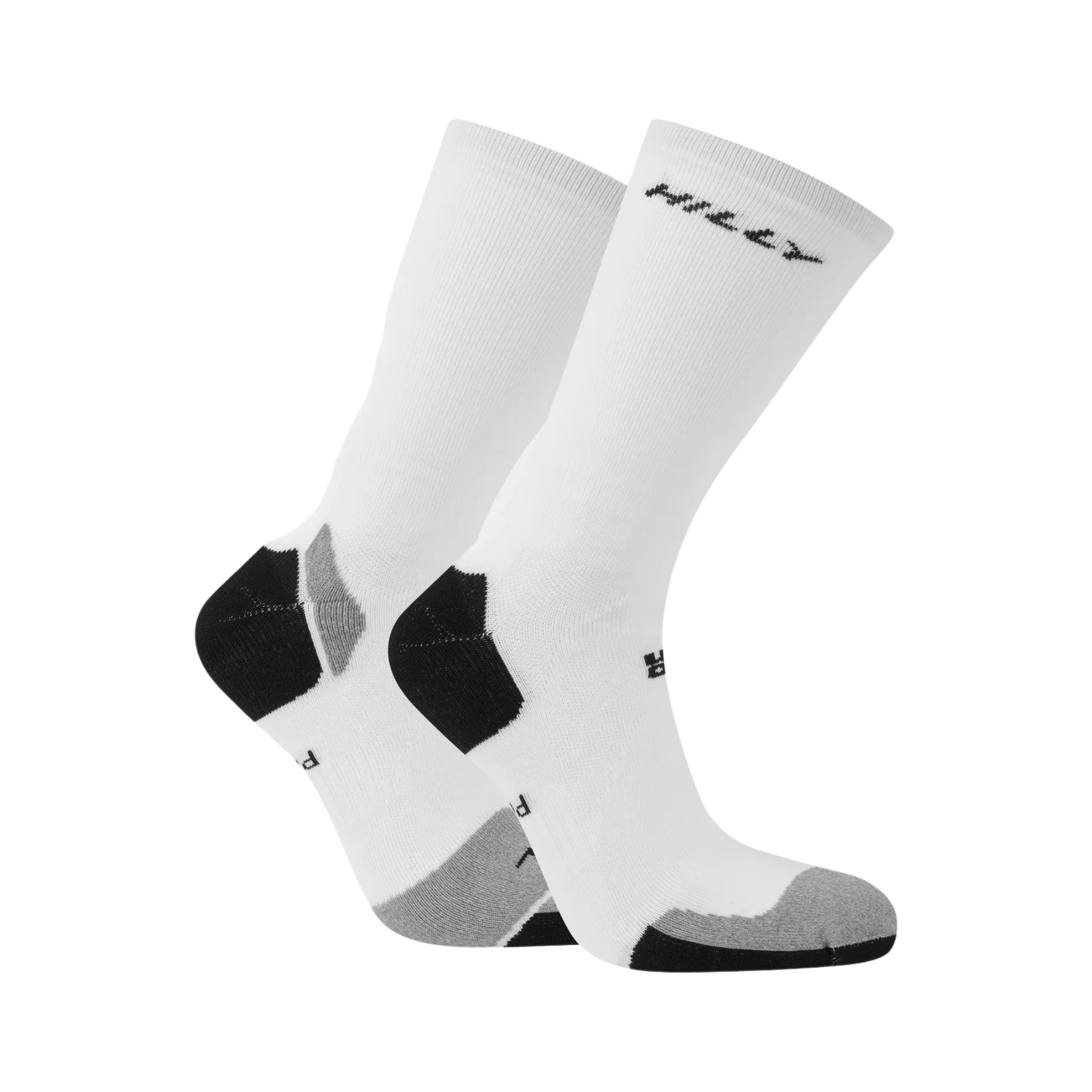White socks with black and gray accents on a white background