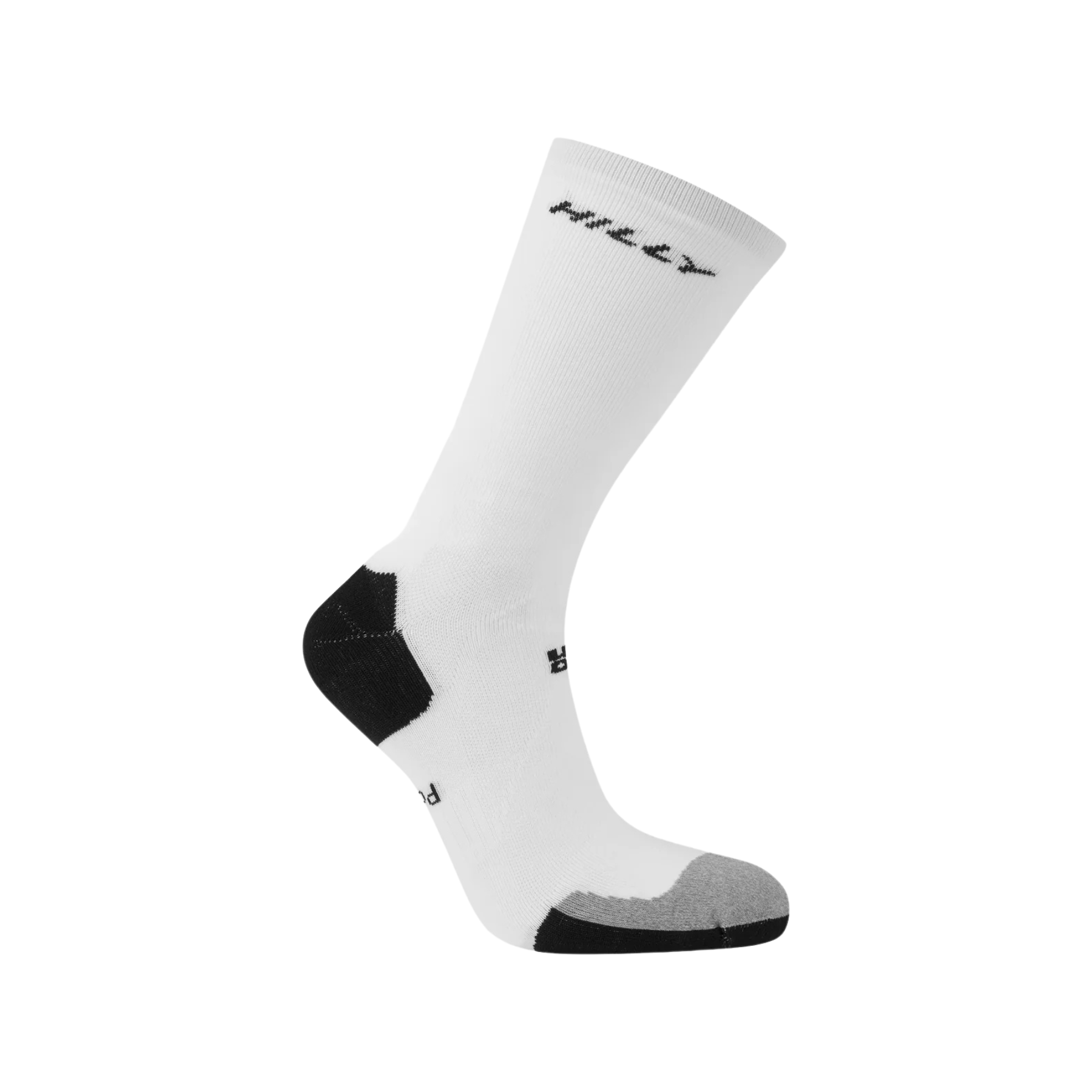 White sock with black accents on a white background