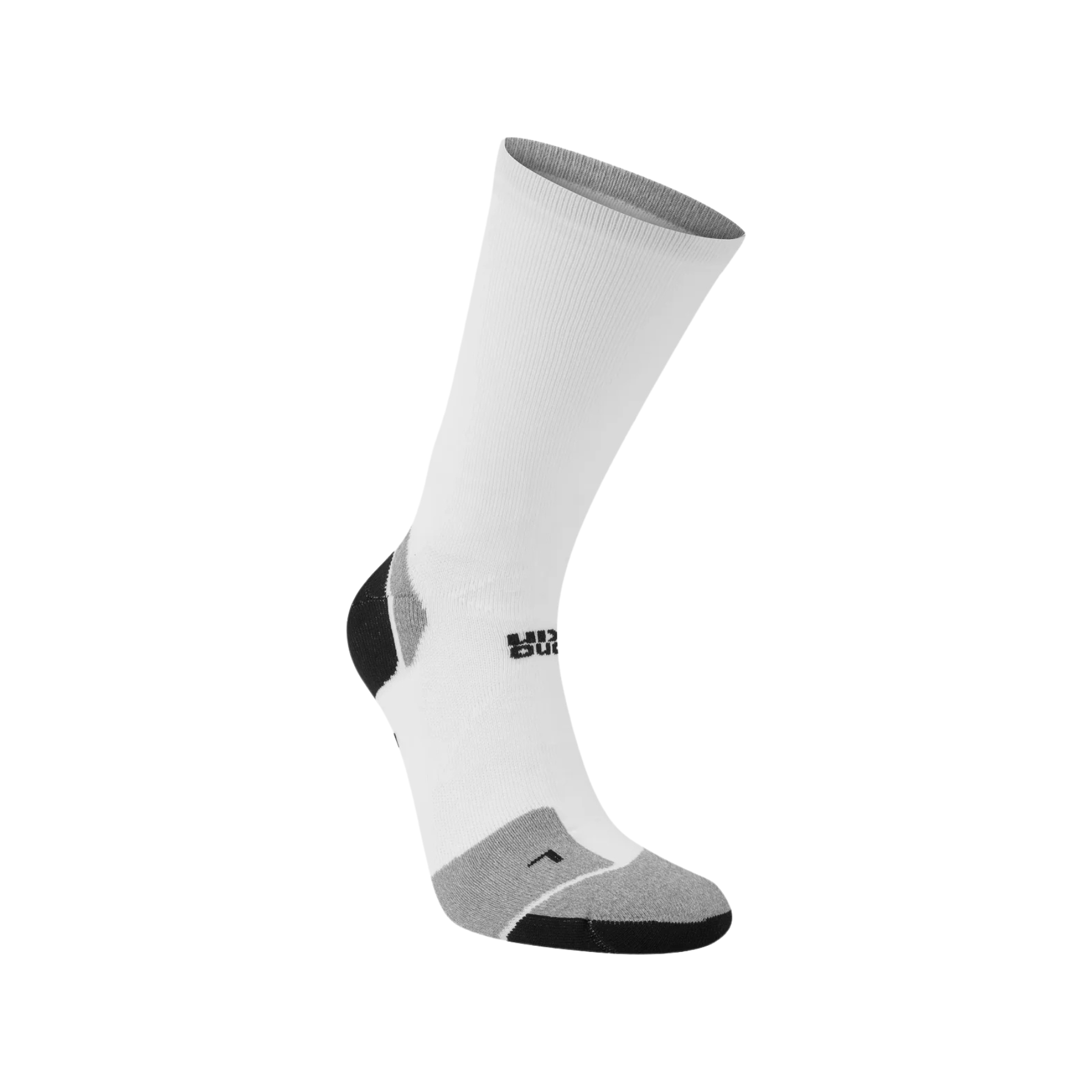 White and gray sock with a brand logo on a white background