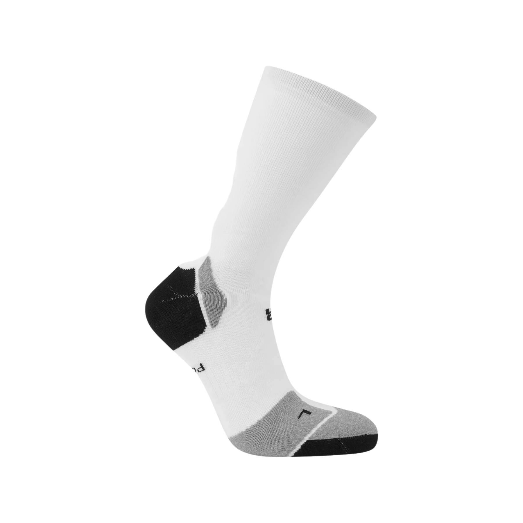 White sock with black and gray accents on a white background